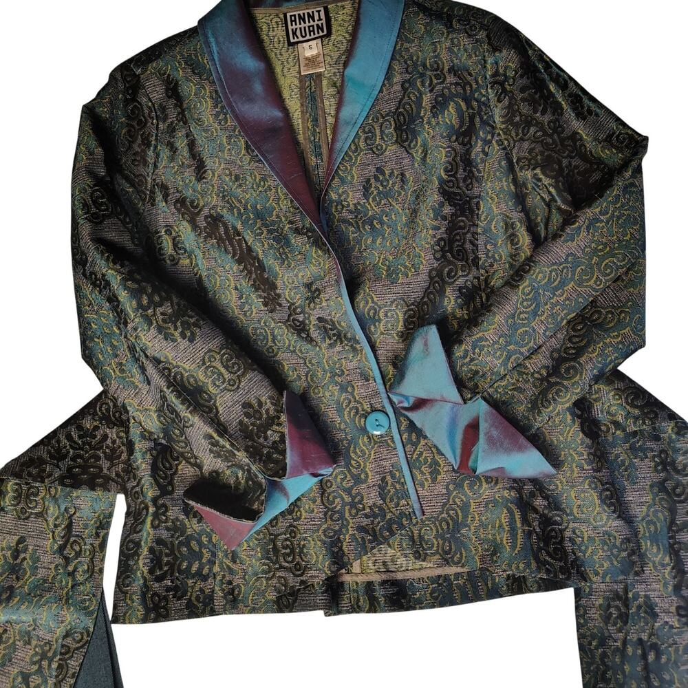 Anni Kuan Silk Metallic Peacock Brocade Jacket Pants Suit Set Vintage Small #612 - Picture 4 of 16